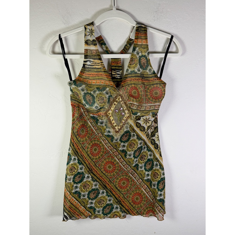 Gabriella Boho Halter Top Green Orange Paisley Mixed Print Sequin Beaded Y2K